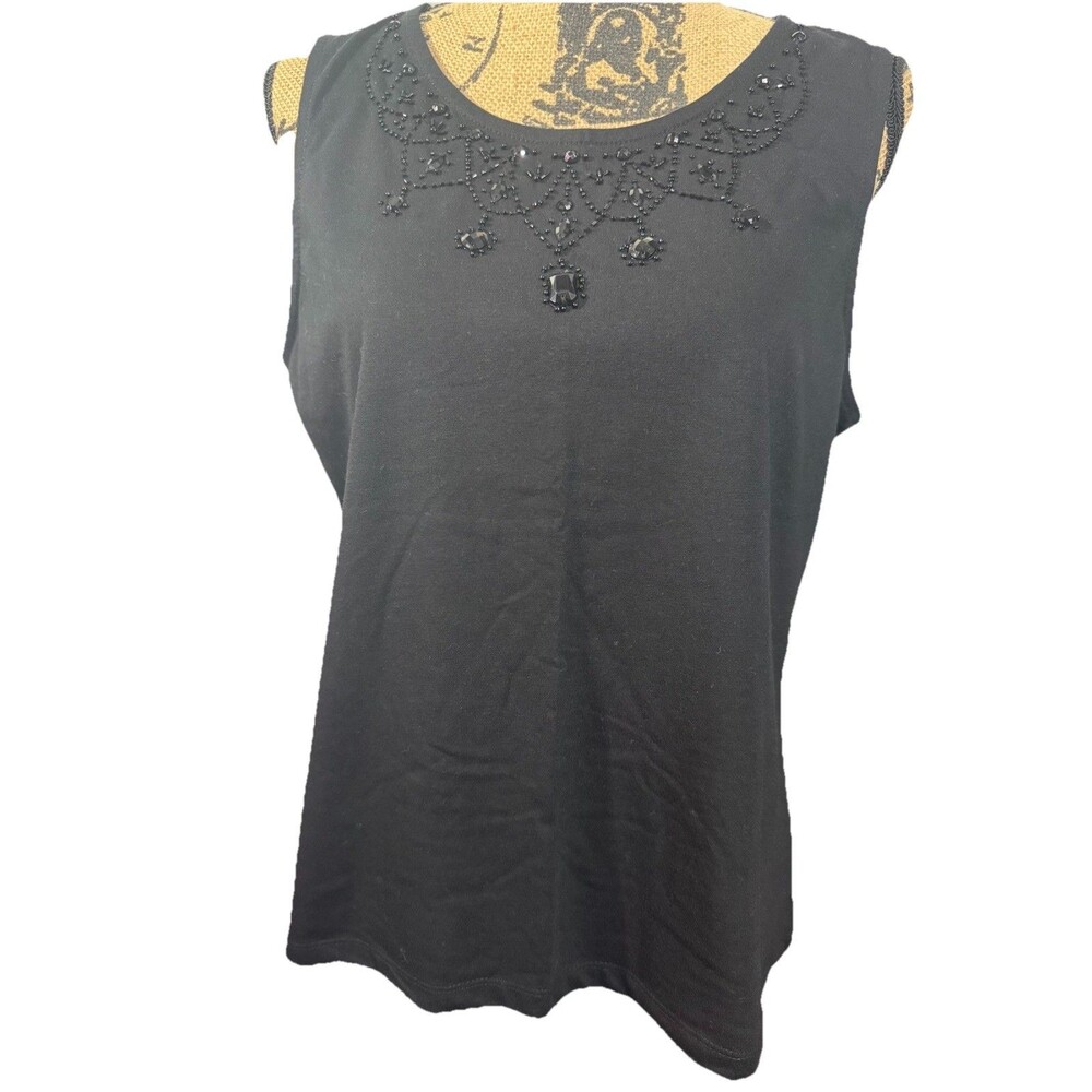 Kim Rogers Petite Embellished Black Tank Top Sleeveless Blouse Large Beaded